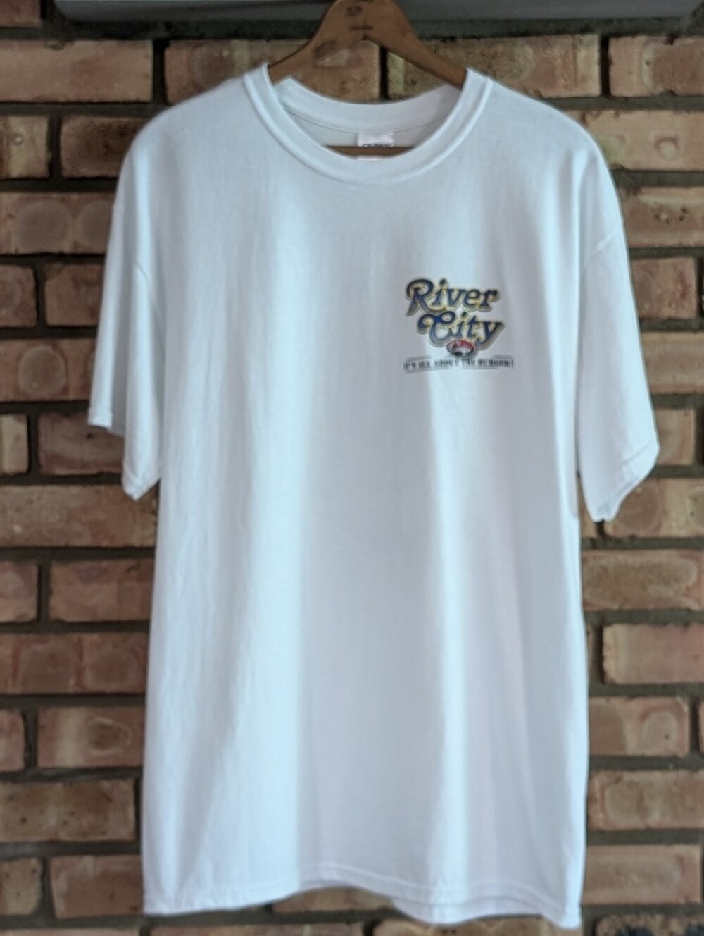 Gildan White Tee with Blue and Gold River City Café Graphic